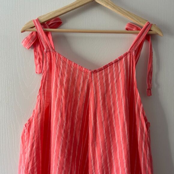 Made in Italy Linen Striped Romper Jumpsuit Coral Pink Tie Strap Boho Resort M/L - Picture 7 of 8